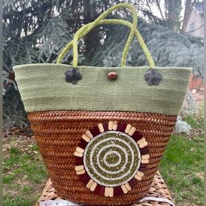 African Masai Mara Beaded Medallion Rattan  & Sage Green Fabric Tote Bag